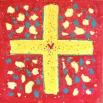 Fruits de la croix jaune fond rouge