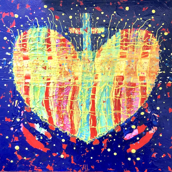 Peinture originale « Coeur riche » d’Anne-Laure Lavagna, représentant un coeur multicolore, traversé par la lumière, habité de joie, relié à la croix de jésus-Christ. Grande vie et vibration dans ce tableau original.