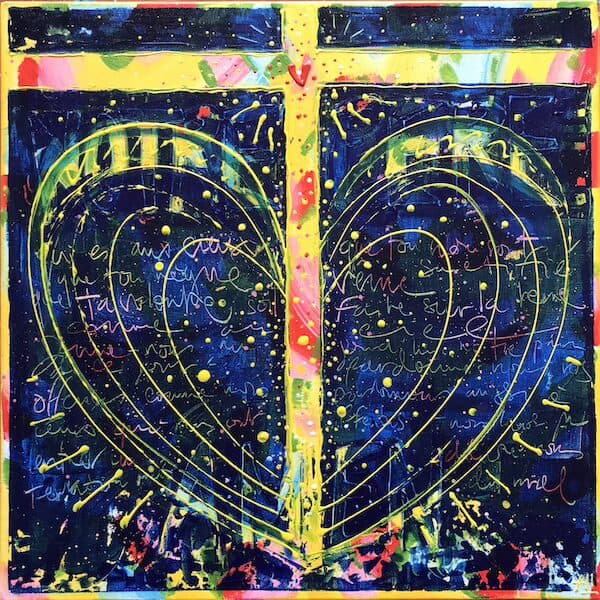 Peinture chrétienne originale L’Amour infini, prière du Notre Père aux couleurs de l’arc-en-ciel, par Anne-Laure Lavagna